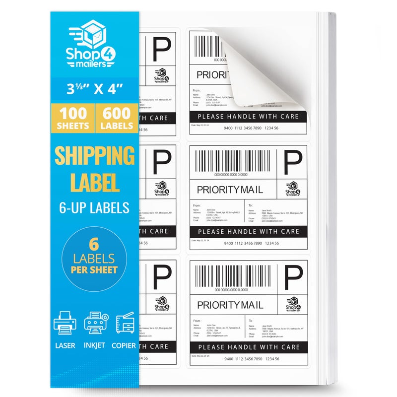 Shop4Mailers 6-Up White Permanent Self Adhesive Shipping Labels 3 1/3â€ x 4â€ Easy Peel Stickers for Laser & Inkjet Printers - 100 Sheets - 600 Count Labels - Image 1